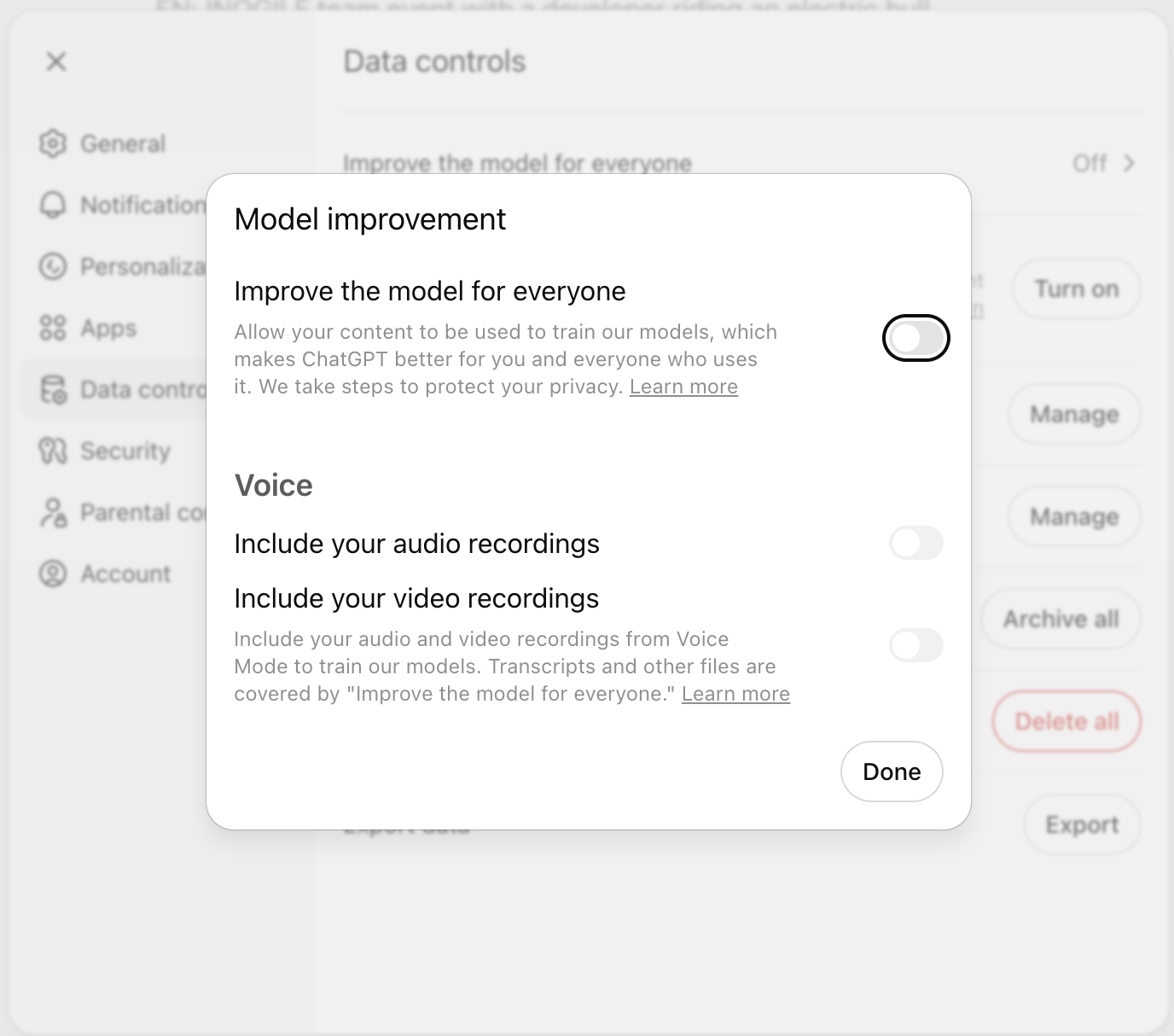 How to disable data training and chat history sharing in ChatGPT settings